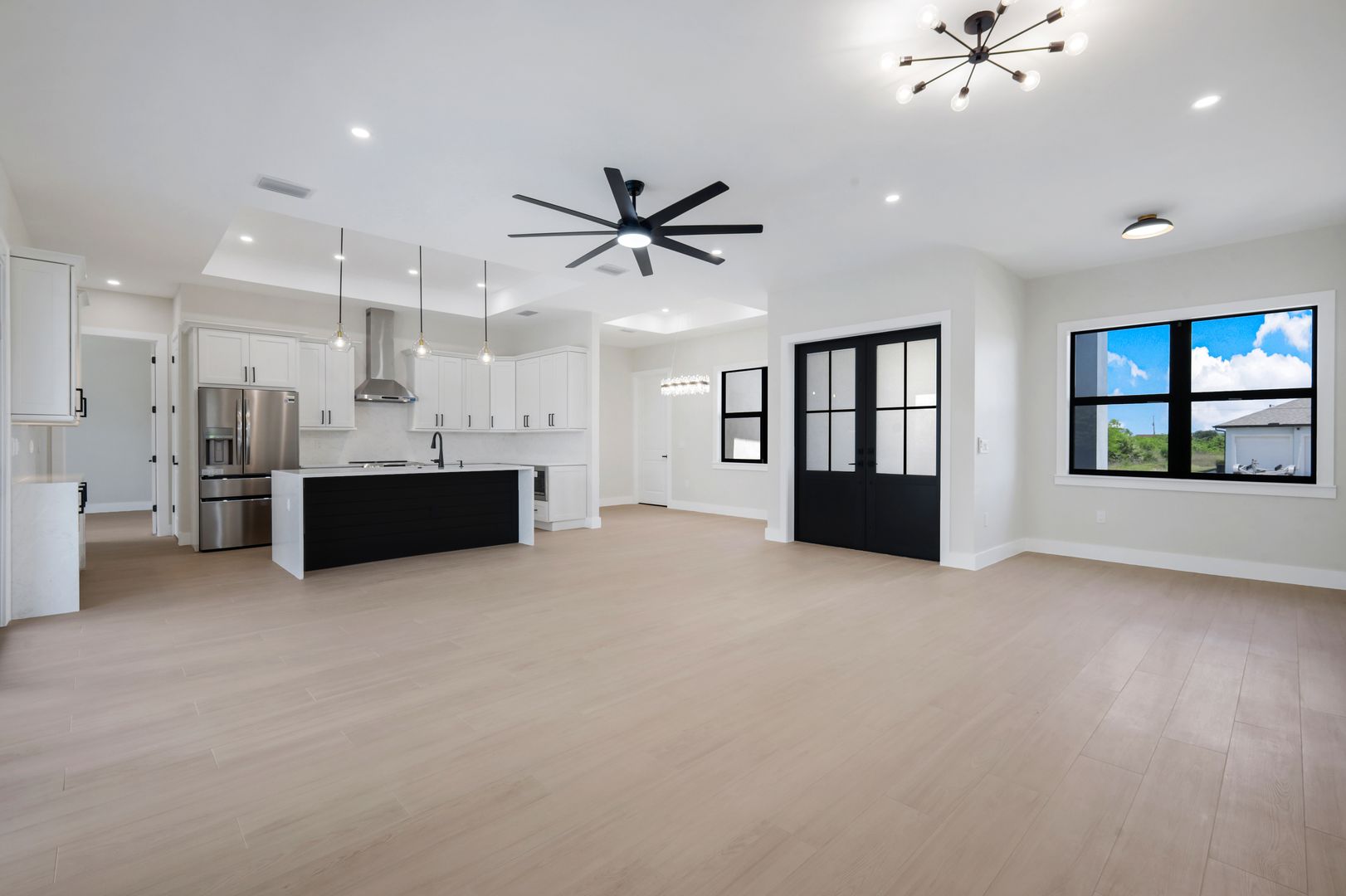 Oikos kitchen with dark island
