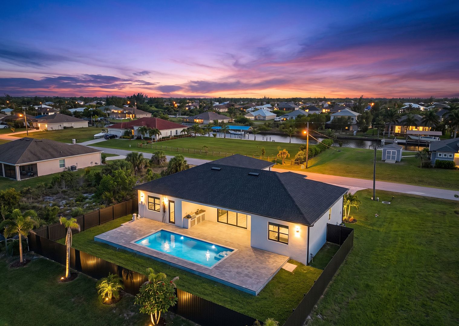 Oikos home at dusk with pool