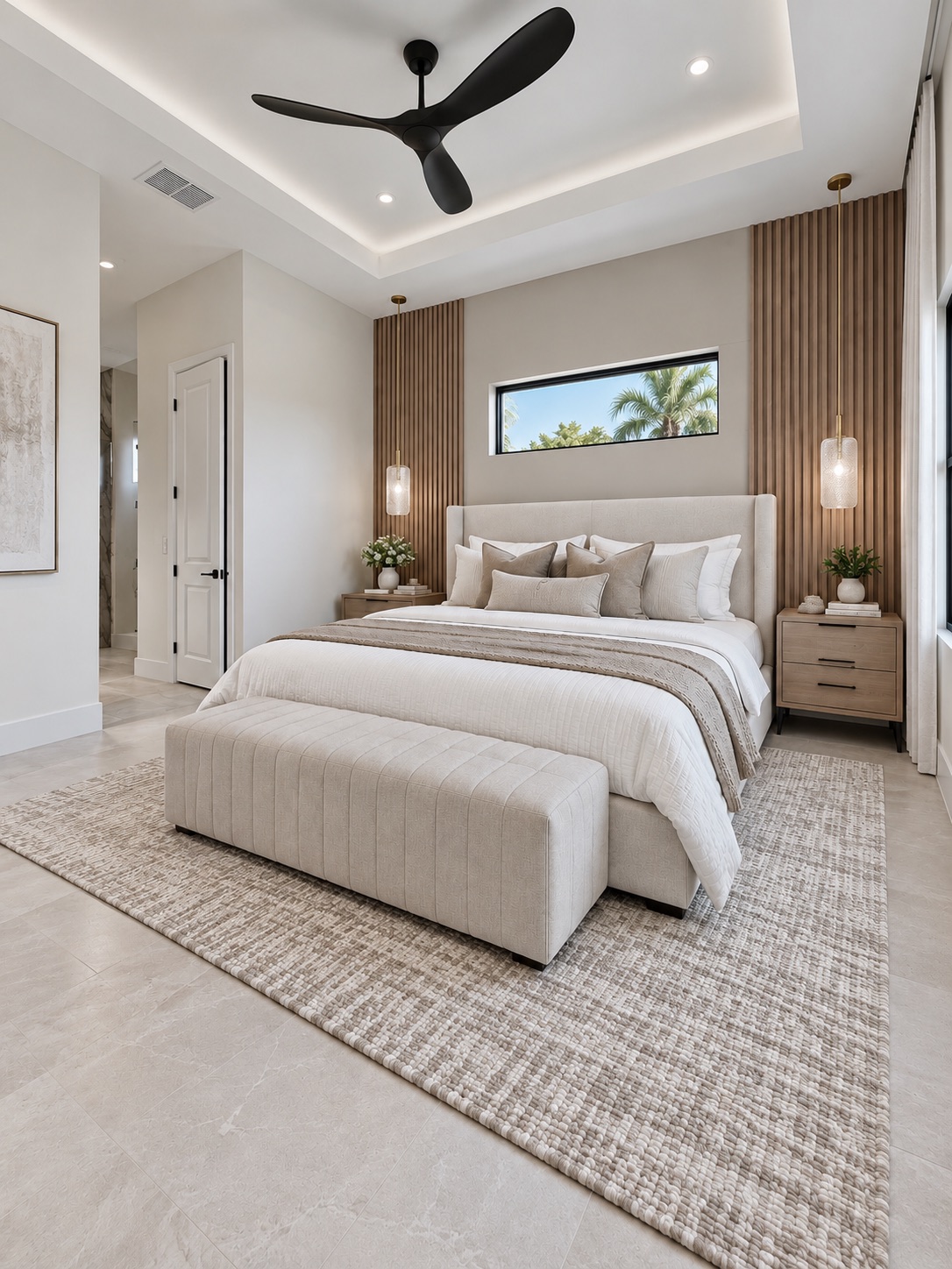 Casa Amore bedroom with wood slat accent wall and tray ceiling