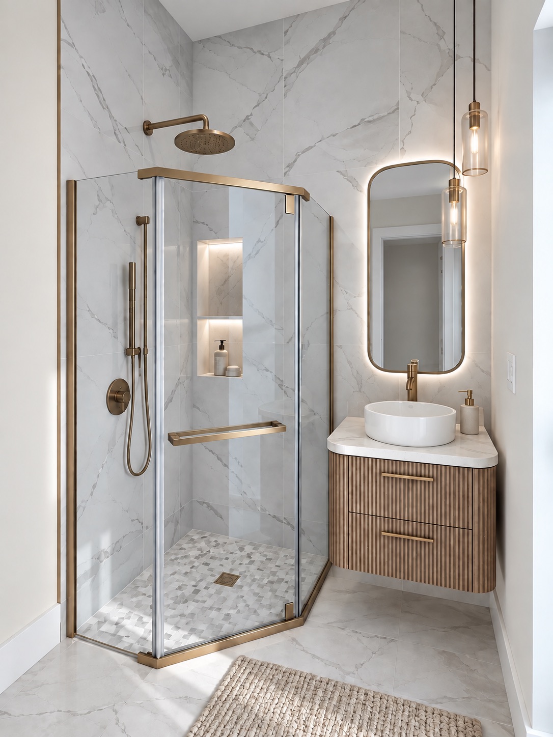 Casa Amore bathroom with fluted wood vanity and corner shower