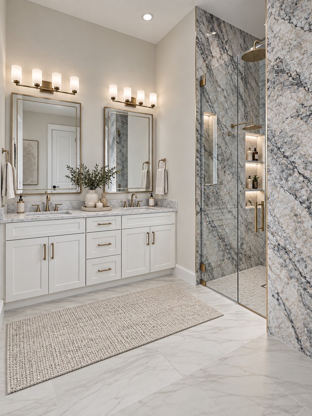 Casa Amore bathroom with white double vanity and glass shower