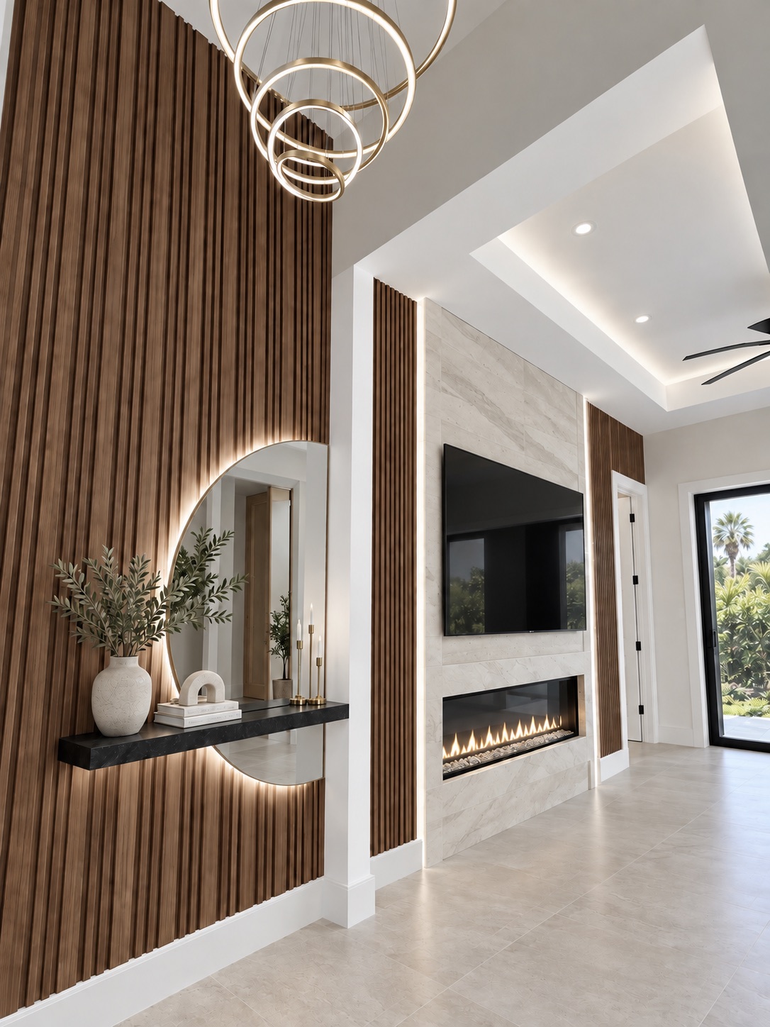 Casa Amore great room with wood slat walls and linear fireplace