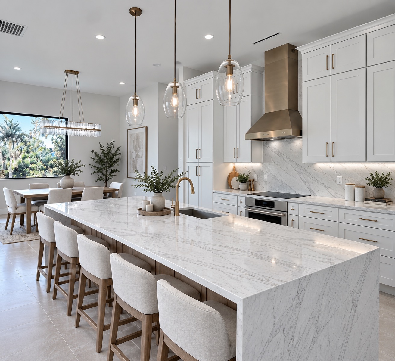 Casa Amore kitchen with marble waterfall island and five stools