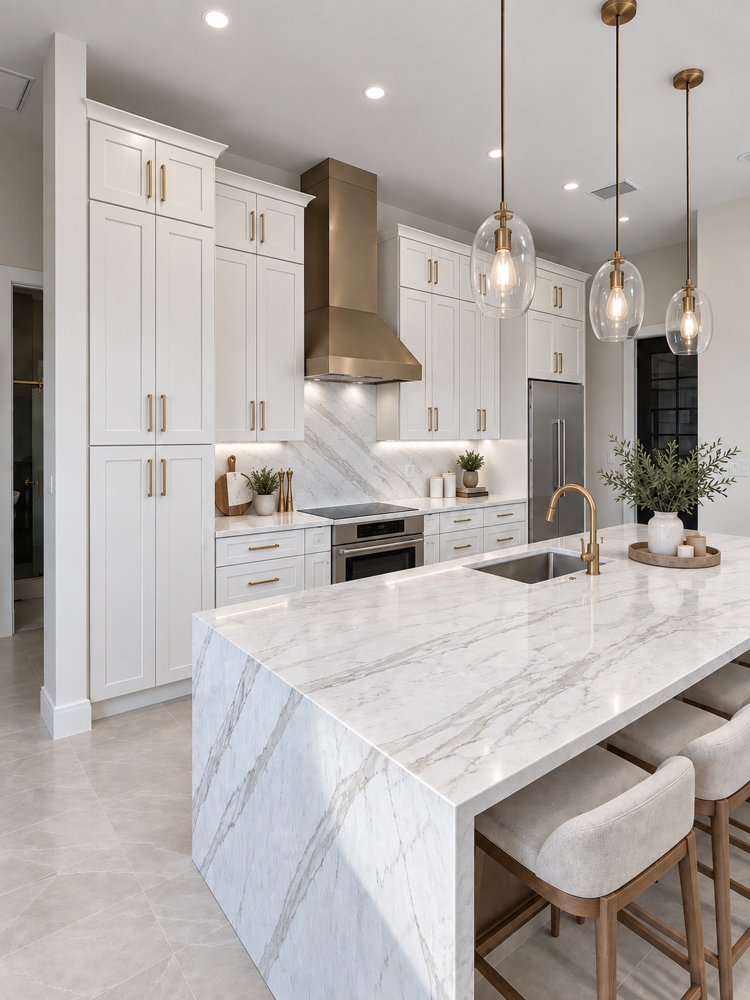 Casa Amore kitchen with white shaker cabinets and brass range hood