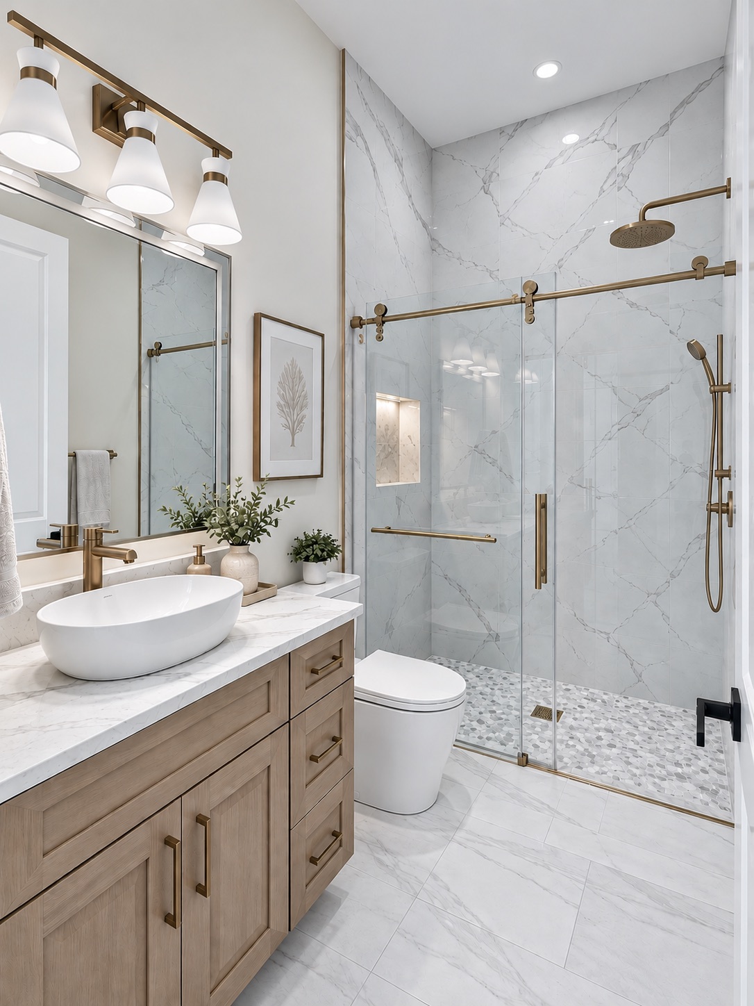 Casa Amore bathroom with wood vanity and frameless walk-in shower